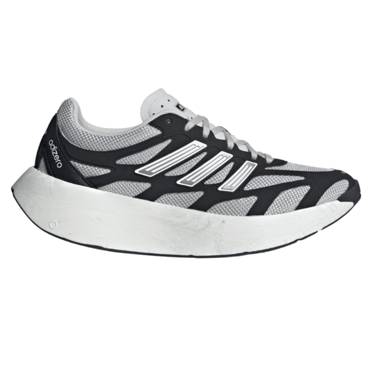 A running shoe with a sleek black and white design, featuring mesh uppers for breathability and a thick white cushioned sole for comfort.