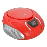 A red portable CD player with built-in speakers and an LED display showing track information, featuring buttons for power, play, and function settings.