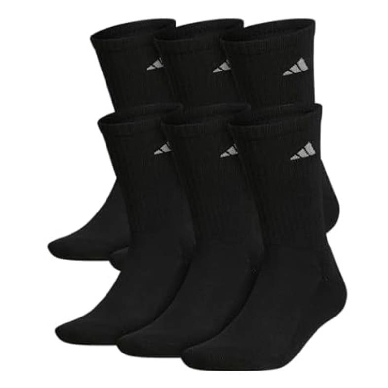 A set of twelve black Adidas crew socks with a small logo near the top, featuring a ribbed texture and reinforced toes.