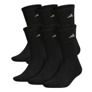 A set of twelve black Adidas crew socks with a small logo near the top, featuring a ribbed texture and reinforced toes.