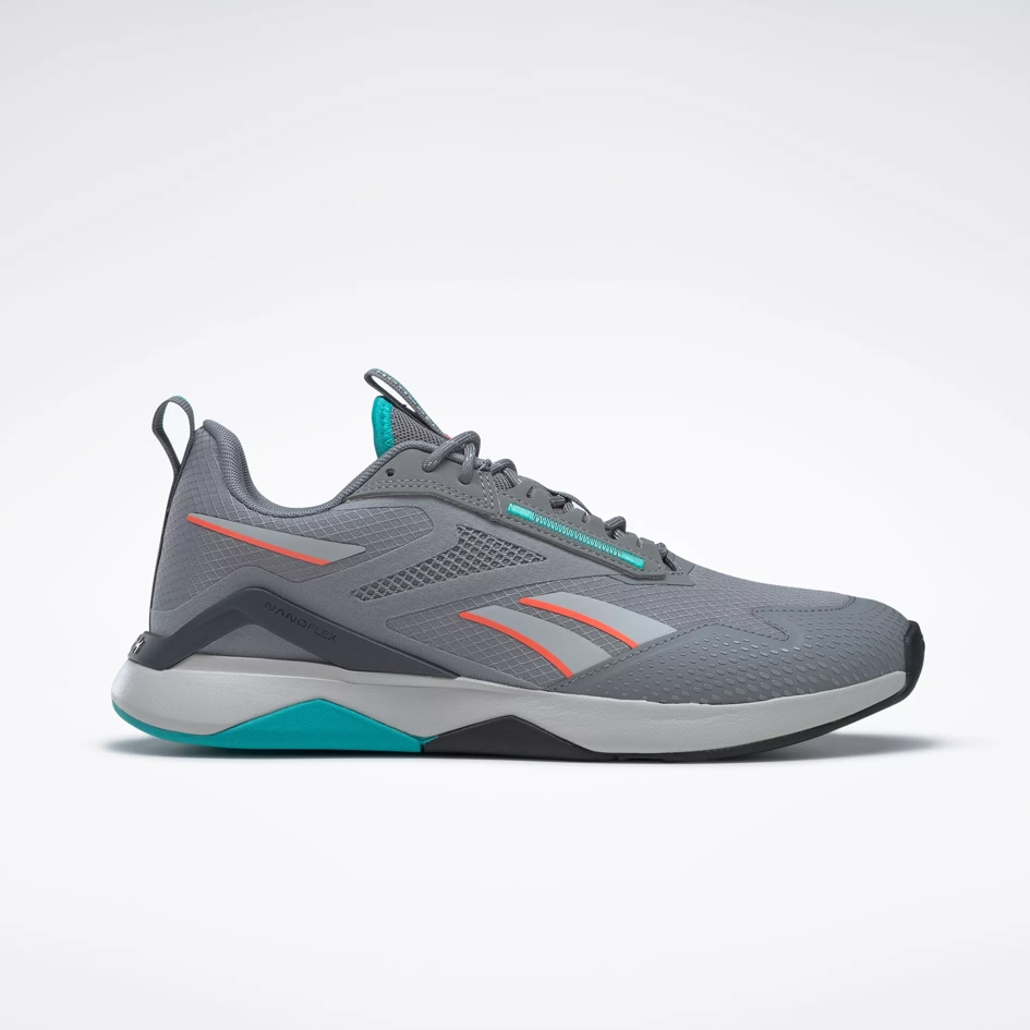 A pair of grey sports shoes with aqua blue and orange accents, designed for active use.