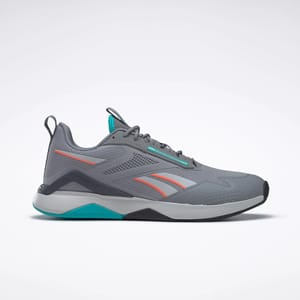 A pair of grey sports shoes with aqua blue and orange accents, designed for active use.