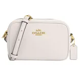 A white Coach crossbody bag featuring gold hardware, a zip closure, and an adjustable strap.