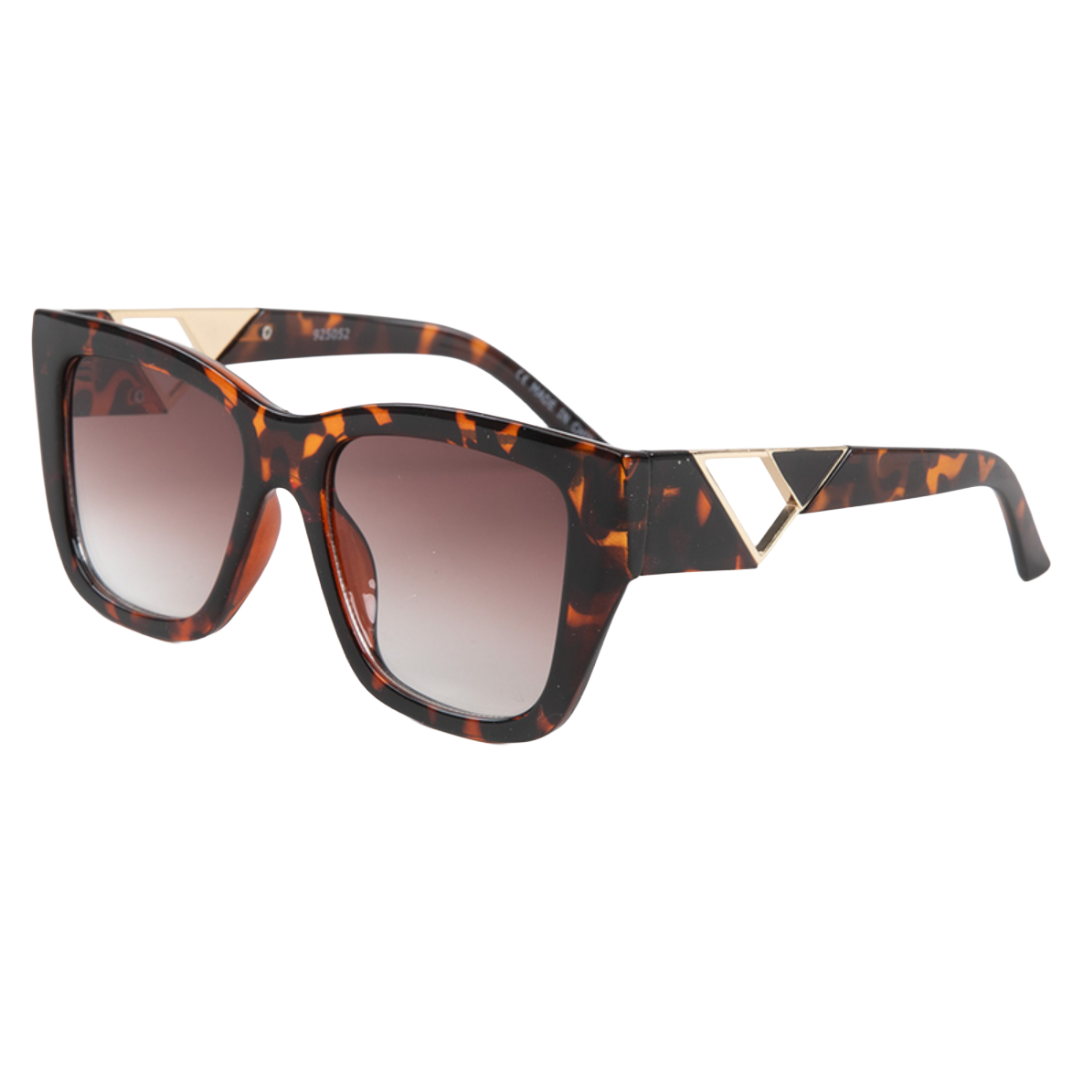 Tortoiseshell square sunglasses with gradient lenses and gold triangular accents on the temples.