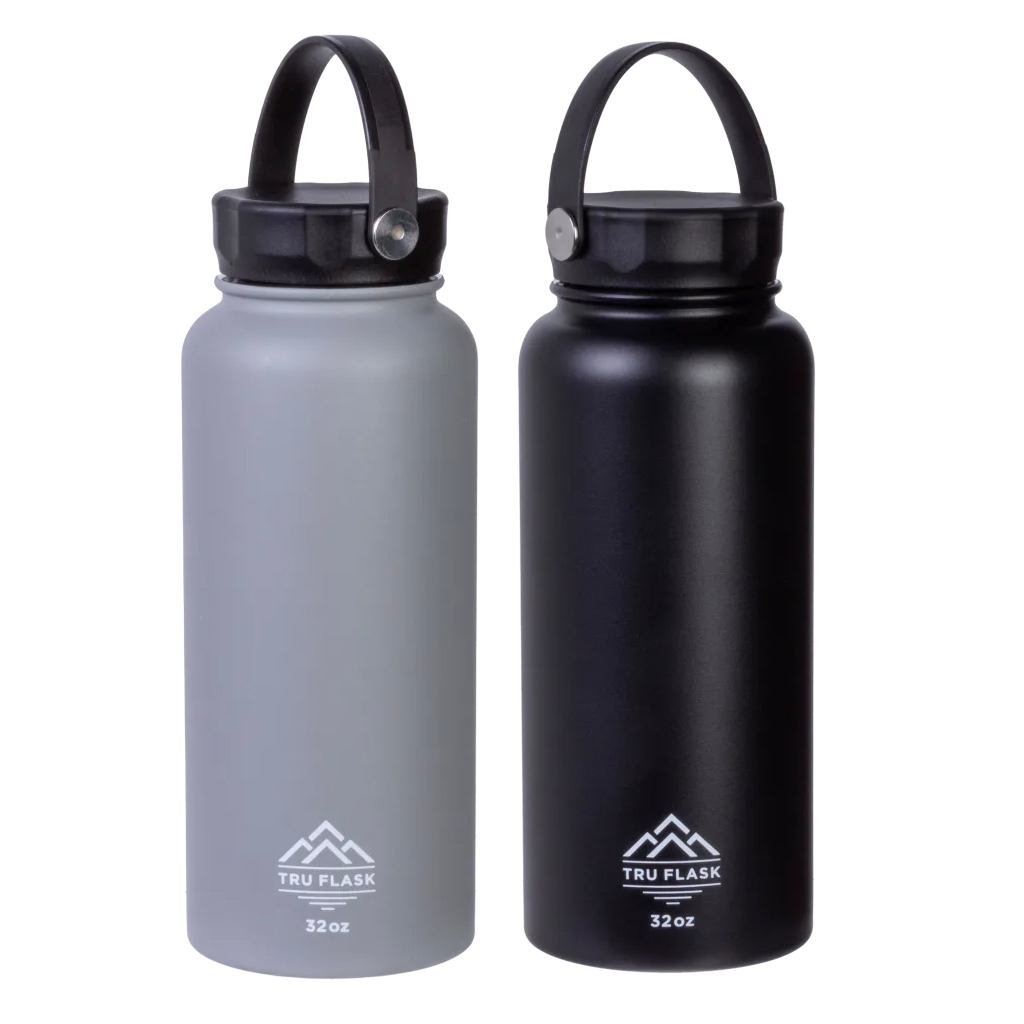 Two Tru Flask water bottles, each 32 oz, with loop handles in gray and black colors.
