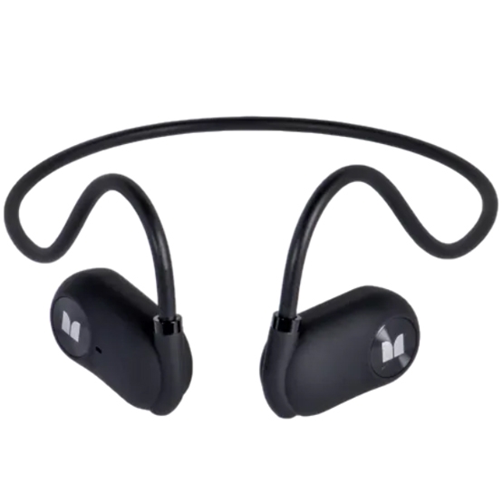 Monster Air Conduction Earbuds are black wireless earbuds featuring a flexible and secure-fit design wrapping around the ears, offering open-ear listening technology without traditional in-ear or over-ear coverage.
