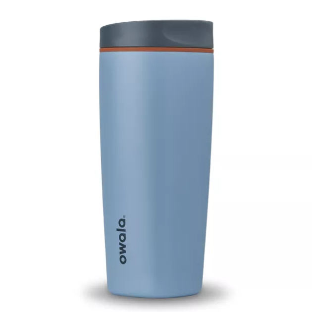 A blue Owala travel mug with a dark gray lid and an orange accent.