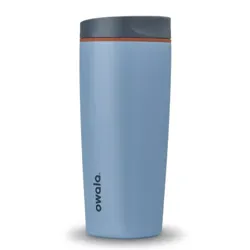 A blue Owala travel mug with a dark gray lid and an orange accent.
