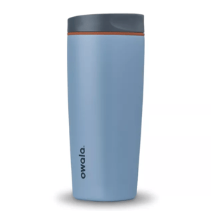 A blue Owala travel mug with a dark gray lid and an orange accent.