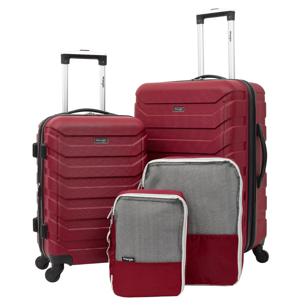 A set of red luggage that includes two suitcases with telescopic handles and wheels, accompanied by two packing cubes in red and gray.