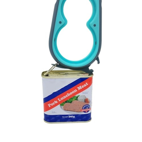 A can of \“Pork Luncheon Meat\“ is partially opened with a can opener attached. The can's label is white with red and blue accents, showing an image of the meat. Net weight: 340g.