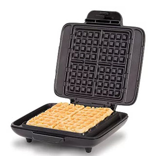 A waffle maker with a square waffle inside, featuring a nonstick grid design.