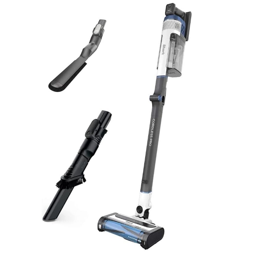 Refurb Shark Pro Stick Vacuum features a sleek, cordless design with a detachable canister, and includes two versatile attachments for different cleaning needs.