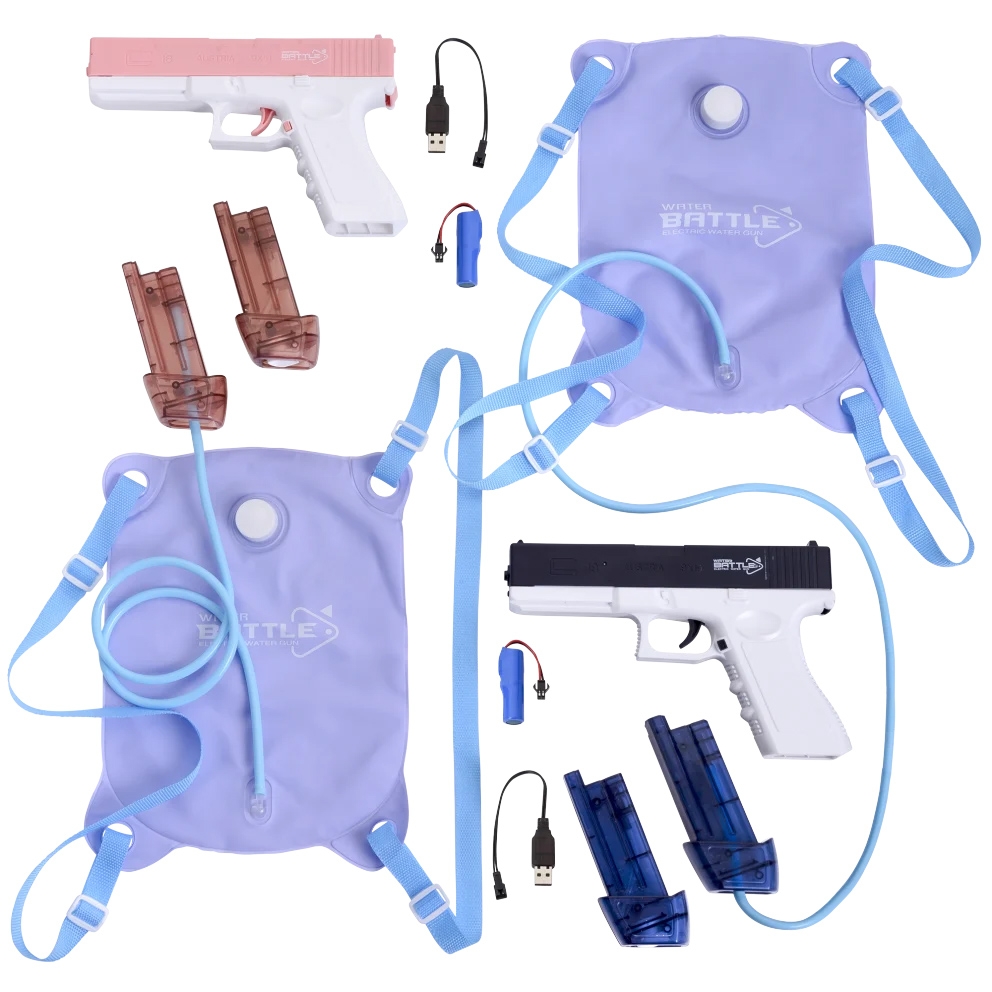 Set of two automatic water guns with pink and black designs, featuring USB rechargeable batteries, water magazines, and two purple hydration packs with blue straps for easy carrying and shooting.
