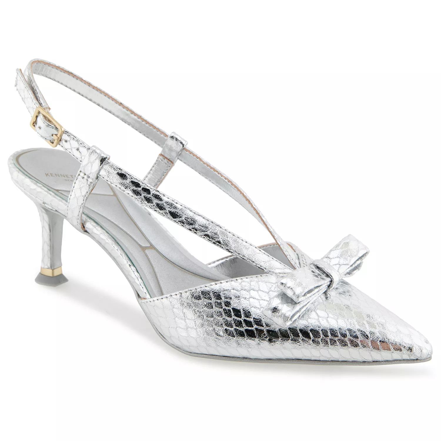 Silver slingback kitten heel shoe with a textured snake pattern and a decorative bow on the pointed toe.
