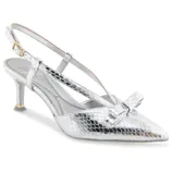 Silver slingback kitten heel shoe with a textured snake pattern and a decorative bow on the pointed toe.
