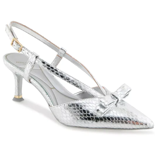 Silver slingback kitten heel shoe with a textured snake pattern and a decorative bow on the pointed toe.