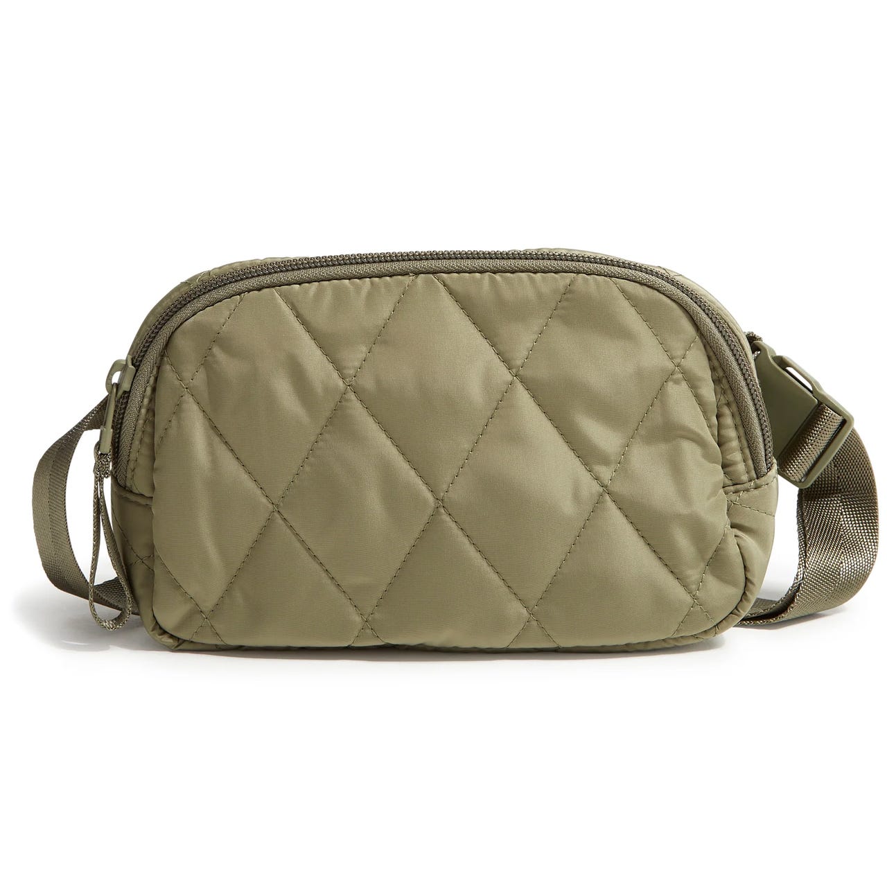 Quilted olive green crossbody bag with a zipper closure and adjustable strap.