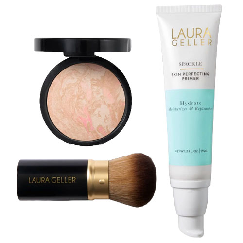 A Laura Geller makeup set including a Spackle Skin Perfecting Primer, a round compact powder, and a brush.