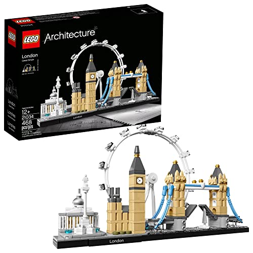 LEGO Architecture London Set (21034), featuring iconic landmarks like the London Eye, Big Ben, and Tower Bridge, includes 468 pieces for ages 12 and up.