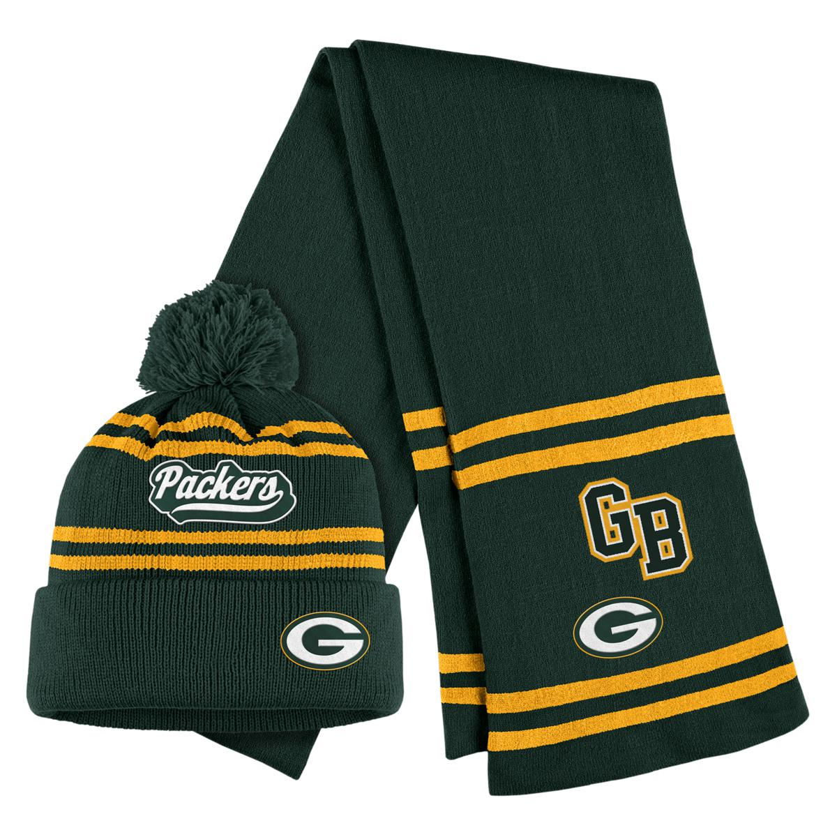 Green and yellow NFL scarf and beanie set with \“Packers\“ and \“G\“ logos, featuring striped designs and a pom-pom on the beanie.