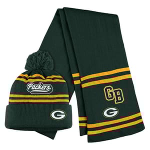 Green and yellow NFL scarf and beanie set with \“Packers\“ and \“G\“ logos, featuring striped designs and a pom-pom on the beanie.