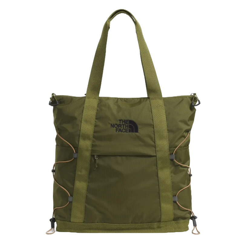 Olive green tote bag from The North Face featuring shoulder straps, a front zip pocket, and side bungee cords for added functionality.