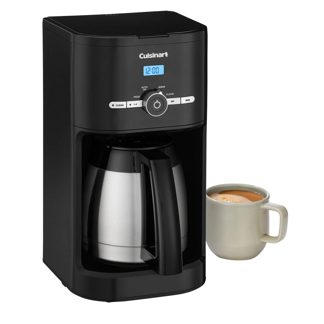 A Cuisinart coffee maker with a digital clock display is shown, featuring a black design with a stainless steel thermal carafe. A mug filled with coffee is placed beside it.