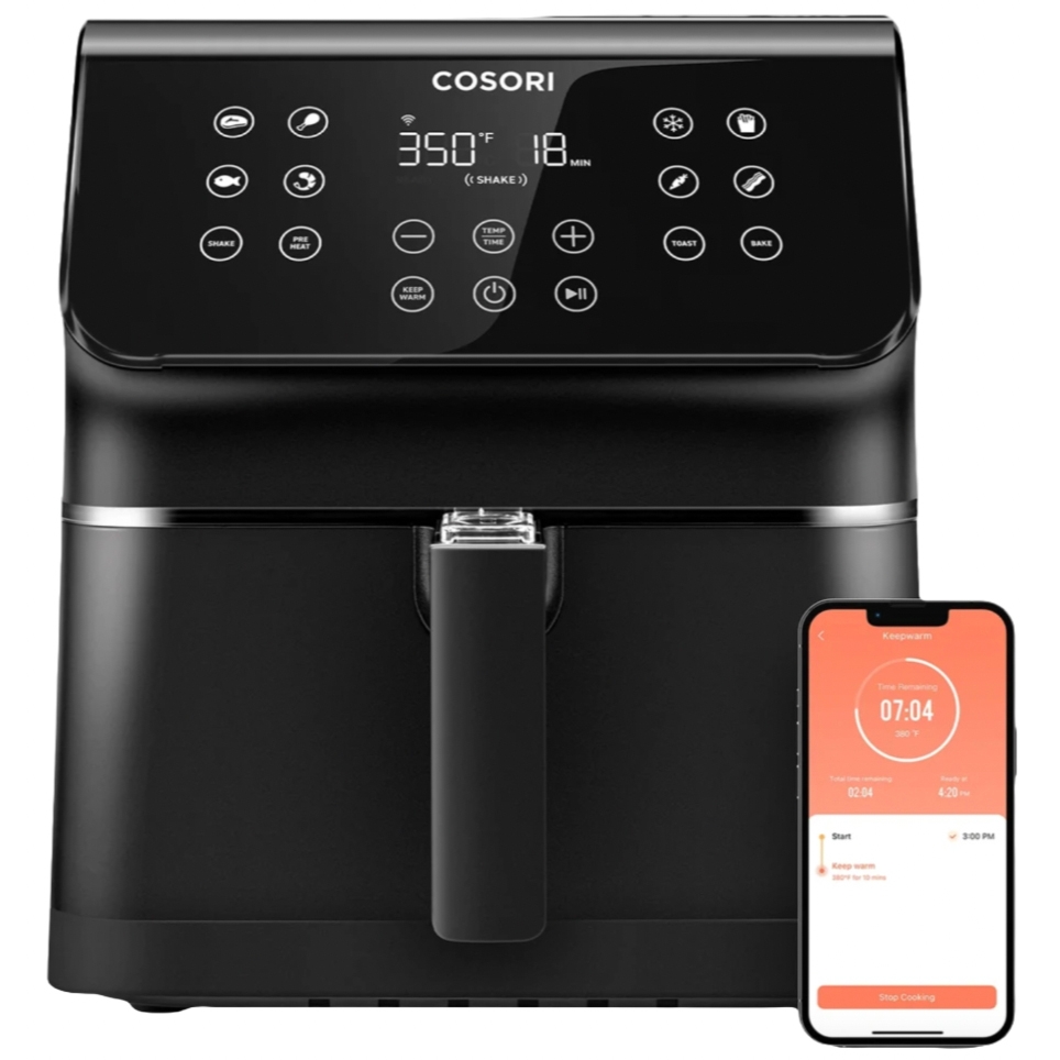 5.8-Quart Cosori Air Fryer with a digital touchscreen, displaying 350°F for 18 minutes, featuring multiple presets and a connected smartphone app for remote control and monitoring.