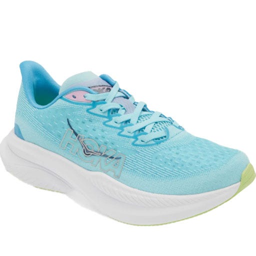 A light blue athletic running shoe with a cushioned white sole and light green accents, featuring \“HOKA\“ branding on the side.