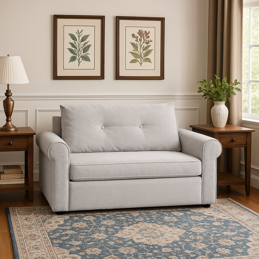 A light gray pull-out sleeper sofa with a button-tufted back cushion and rolled arms. It's positioned between two wooden side tables, each holding a lamp and a potted plant, and sits on a patterned area rug in a classic living space.