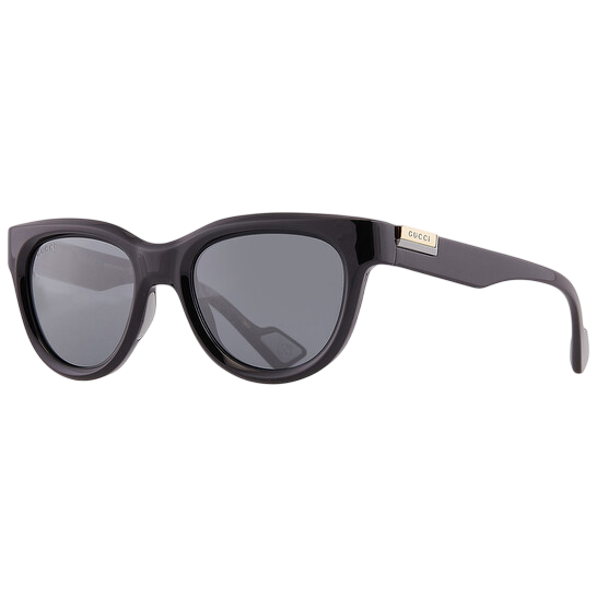 A pair of Gucci sunglasses featuring a glossy black frame with dark lenses and a small gold Gucci logo on the temple.
