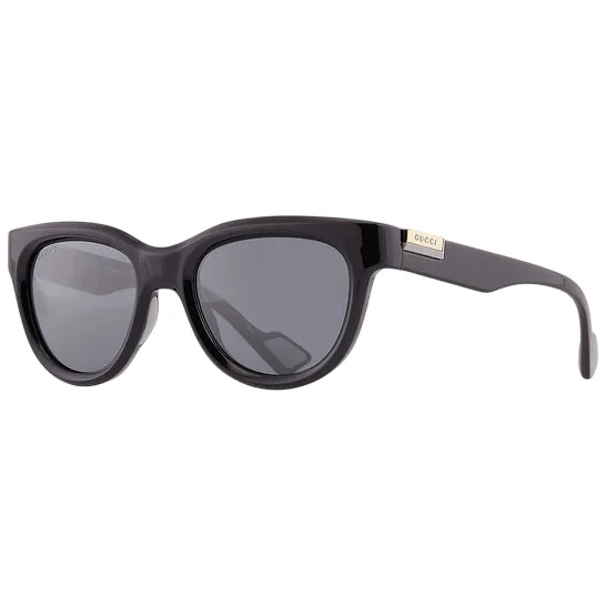 A pair of Gucci sunglasses featuring a glossy black frame with dark lenses and a small gold Gucci logo on the temple.