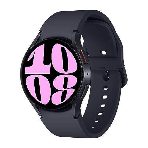 This smartwatch features a round black case with a large, easy-to-read digital display showing the time in bold pink numbers and a black silicone strap.
