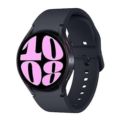 This smartwatch features a round black case with a large, easy-to-read digital display showing the time in bold pink numbers and a black silicone strap.