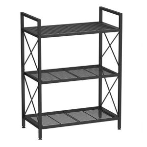 A black metal 3-tier storage rack with slatted shelves and X-shaped side supports, featuring a minimalist design suitable for organizing various items.