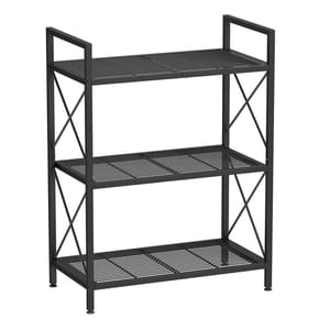 A black metal 3-tier storage rack with slatted shelves and X-shaped side supports, featuring a minimalist design suitable for organizing various items.