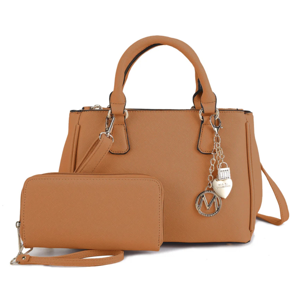 A tan handbag with a chain charm and matching wallet is shown. The handbag features dual handles and a crossbody strap.