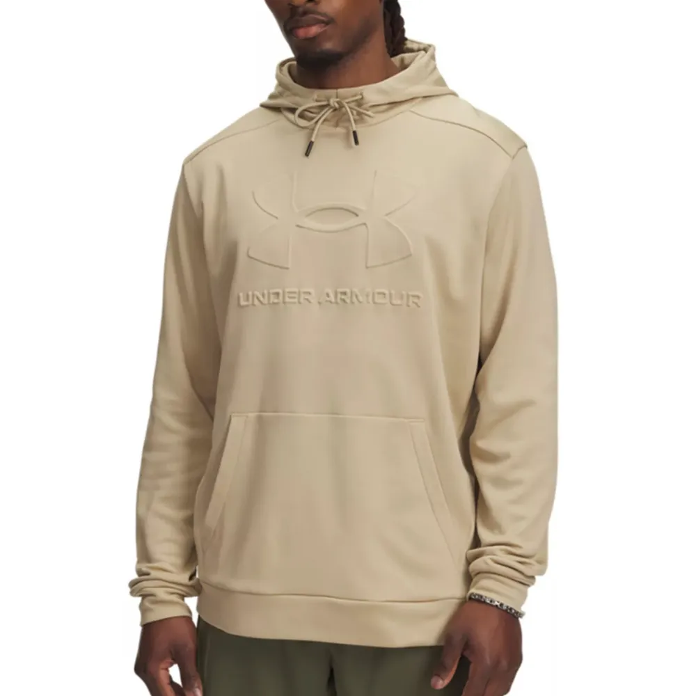 Under Armour beige hoodie with a kangaroo pocket featuring an embossed logo and drawstring hood.