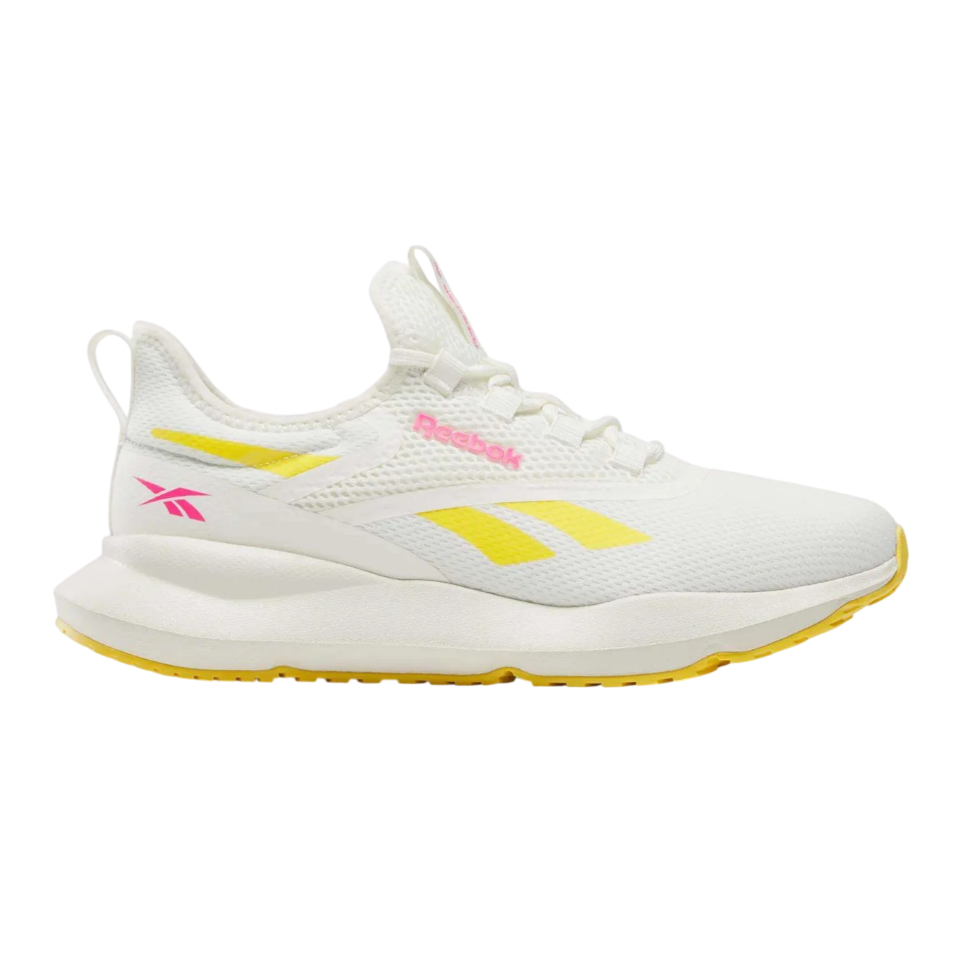 White Reebok running shoe with yellow accents and pink branding, featuring a breathable mesh upper and cushioned sole.