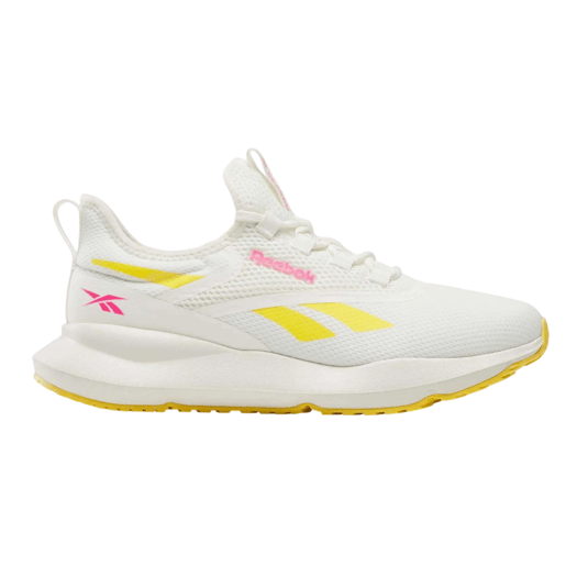 White Reebok running shoe with yellow accents and pink branding, featuring a breathable mesh upper and cushioned sole.