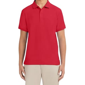 A person wearing a red short-sleeve polo shirt paired with beige pants.