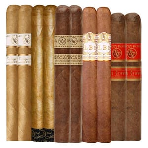 10-pack Rocky Patel Cigar Sampler includes Vintage 1999 Connecticut, Edge Lite, Decade 10th Anniversary, LB1, and Sun Grown blends, with varied wrappers in light to dark shades for diverse flavor experiences.