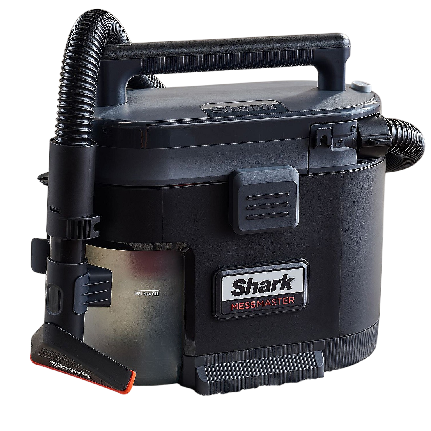Shark MessMaster wet/dry vacuum cleaner, featuring a portable design with a handle, hose, and nozzle attachment, ideal for cleaning carpets and hard floors.