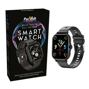 Bluetooth All-in-One Smart Watch by PurZolt features music control, health monitoring, fitness tracking, and Bluetooth calling, displayed alongside its packaging.