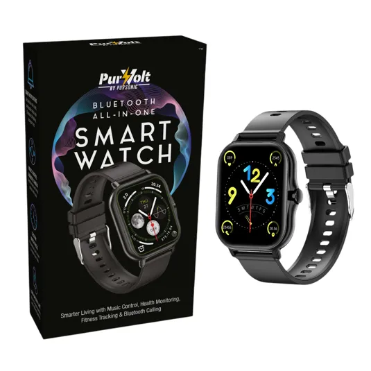 Bluetooth All-in-One Smart Watch by PurZolt features music control, health monitoring, fitness tracking, and Bluetooth calling, displayed alongside its packaging.