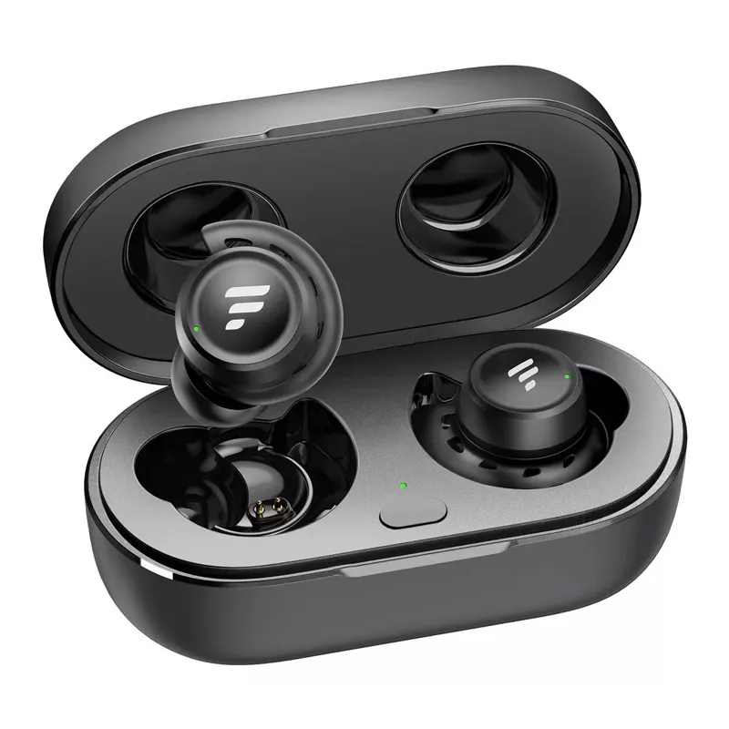 Black wireless earbuds with logo, displayed next to their charging case.