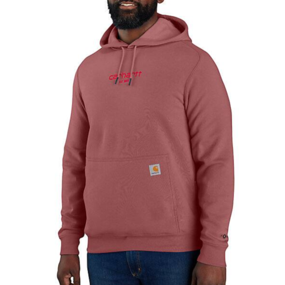 A man wearing a rose-colored hooded sweatshirt with front pocket and logo on chest.