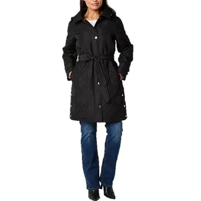 A black, knee-length Liz Claiborne quilted jacket with a diamond pattern, featuring a belted waist, button closures, and pockets; paired with blue jeans and black boots.