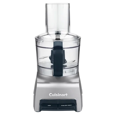 A Cuisinart food processor with a clear bowl, handle, and two buttons labeled \“On\“ and \“Pulse/Off\“ on the front.